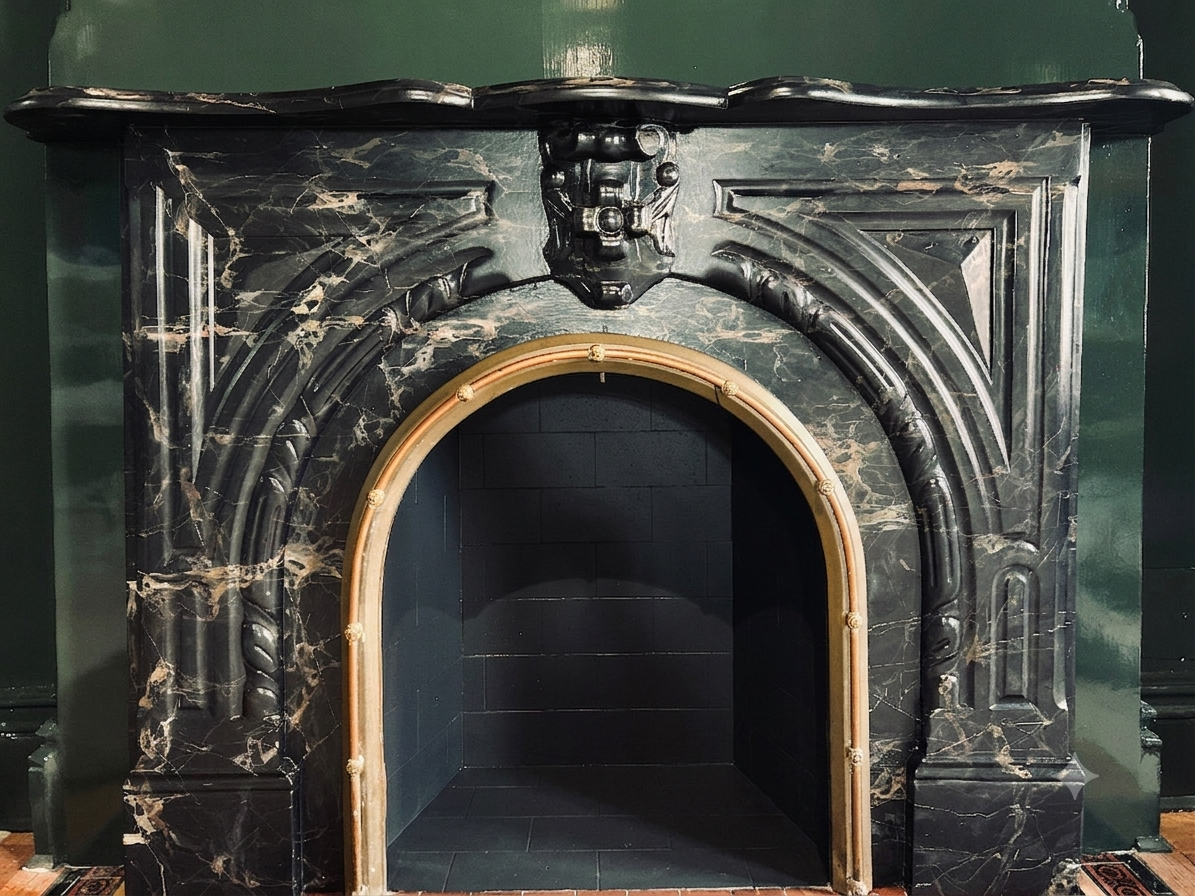Black faux marble fireplace with warm veining